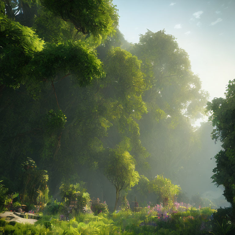 Tranquil Forest Glade with Sunlight Filtering Through Lush Canopy
