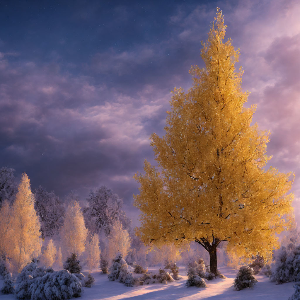 Golden Tree in Frost-Covered Forest at Twilight