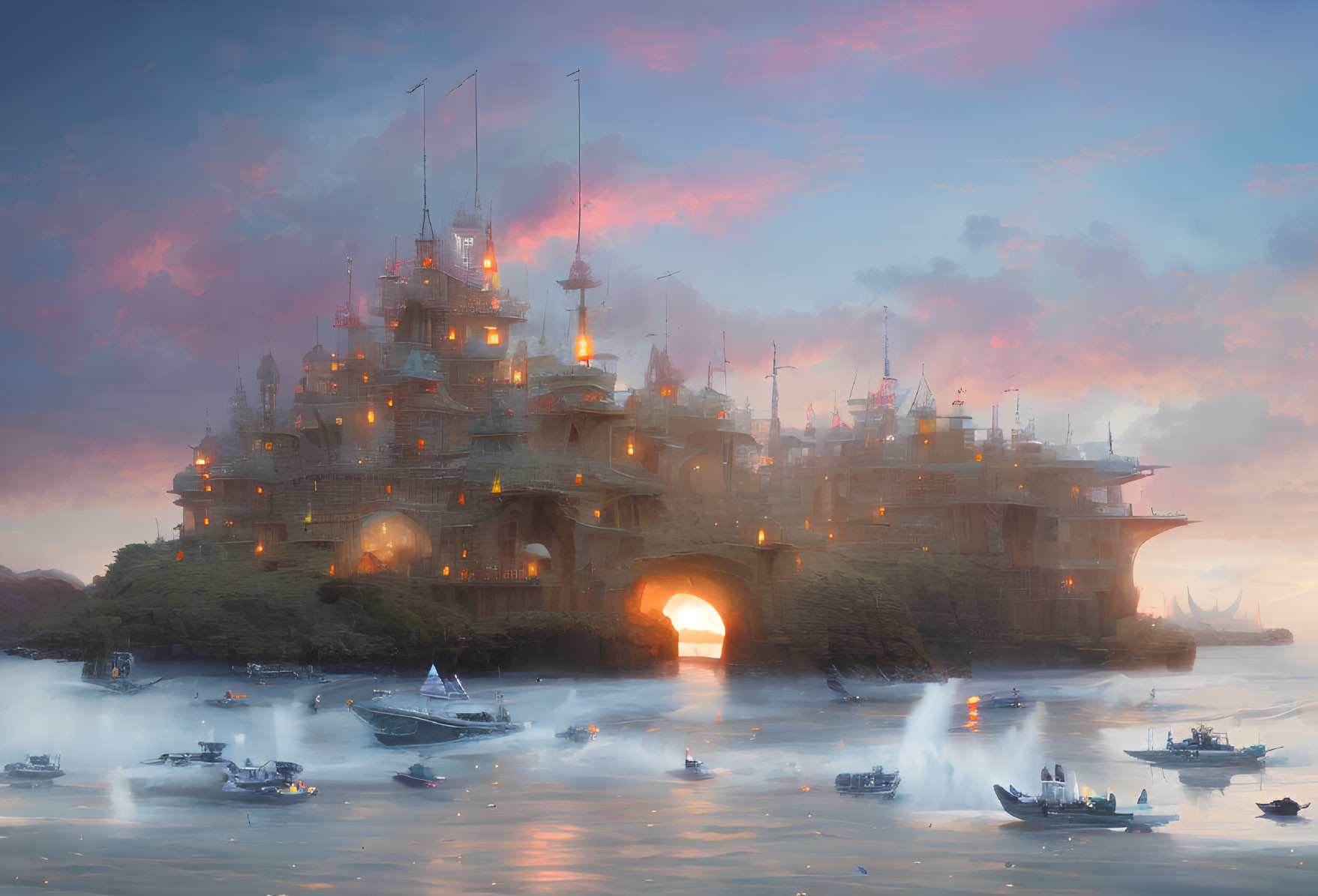 Fantasy castle with spires, warm lights, misty water, boats at twilight
