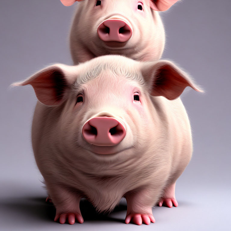 Two Cartoon Pigs Looking at Viewer Against Plain Background