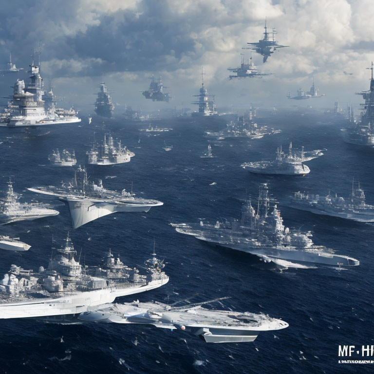 Military ships - aircraft carriers, cruisers, destroyers at sea under cloudy sky
