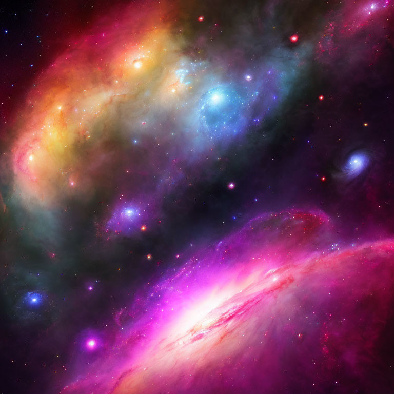 Colorful Swirling Galaxies and Stars in Pink, Blue, and Yellow