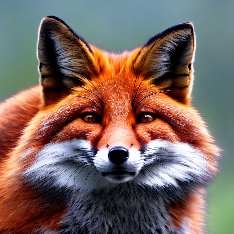 Vibrant red fox with intense amber eyes on green background