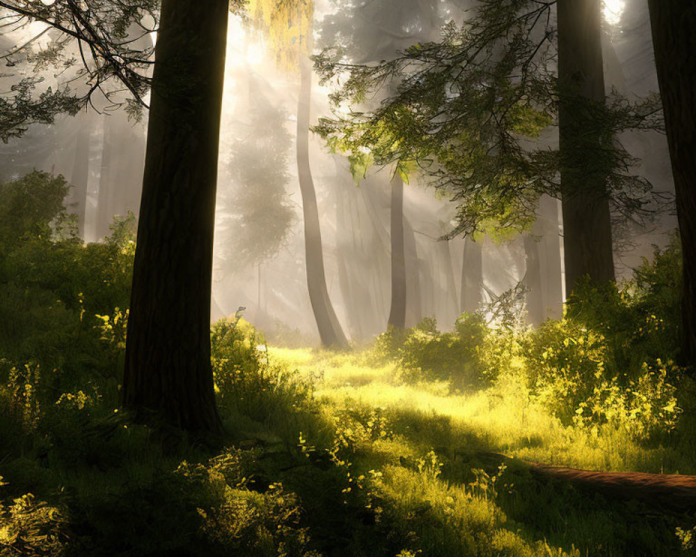 Misty forest with sunlight filtering through lush green foliage