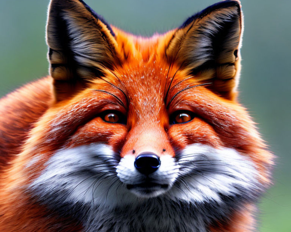 Vibrant red fox with intense amber eyes on green background