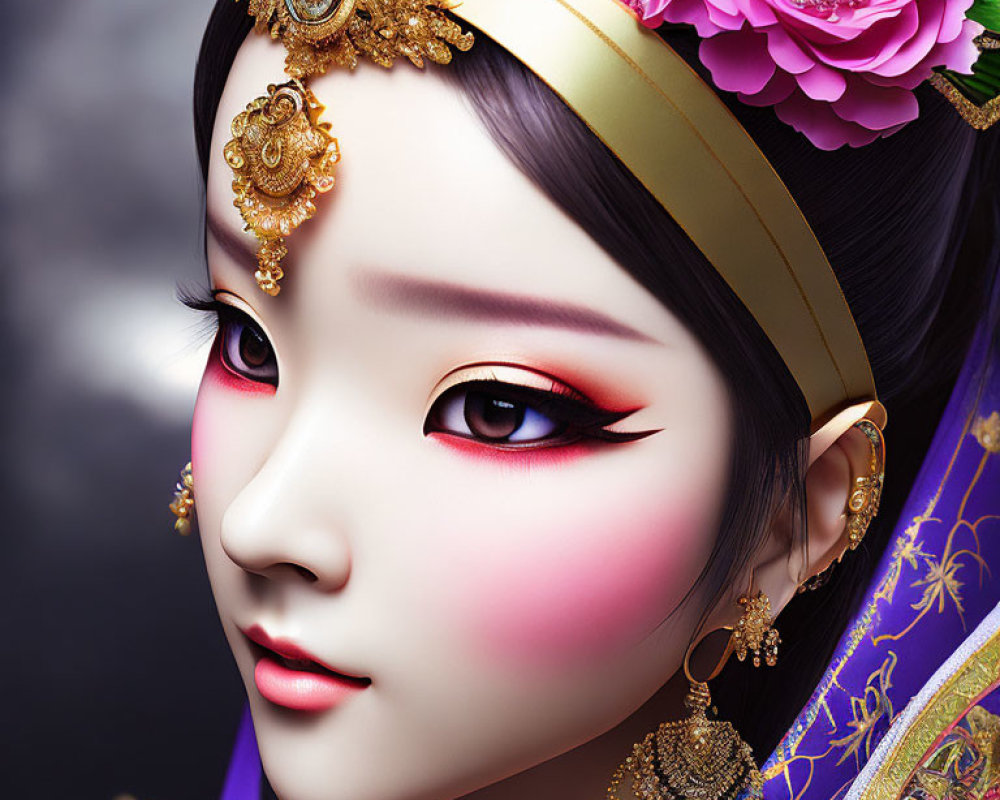 Detailed Close-Up of Female Figure with Traditional Makeup and Golden Headpiece