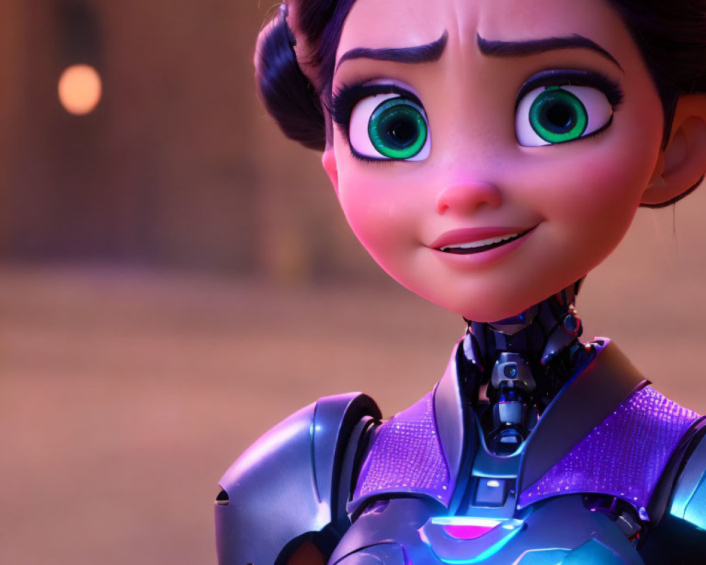 Brown-Haired Character in Futuristic Purple Armor with Green Eyes