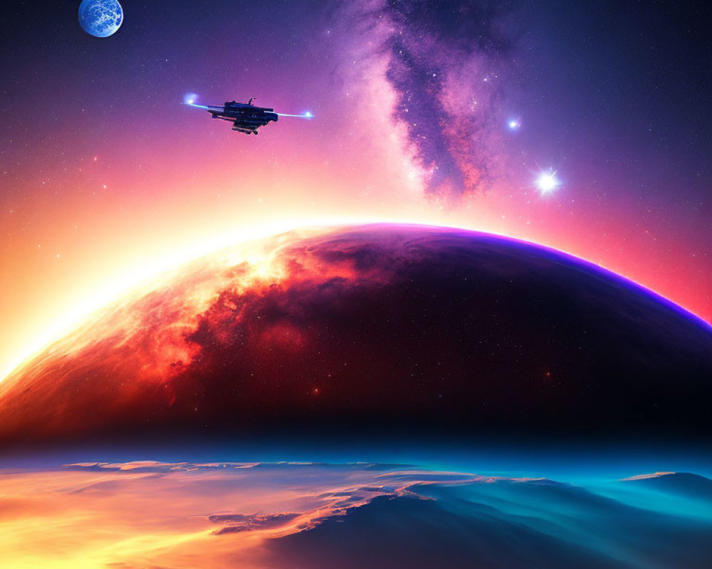 Colorful Spaceship Flying Over Vibrant Planet in Starry Space