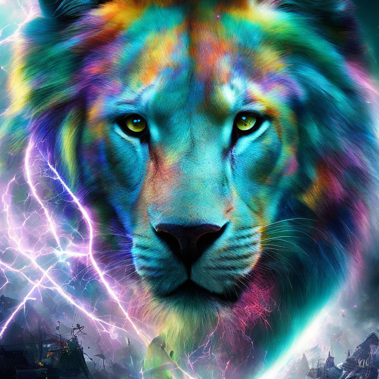 Colorful Lion Face on Fantastical Lightning Background