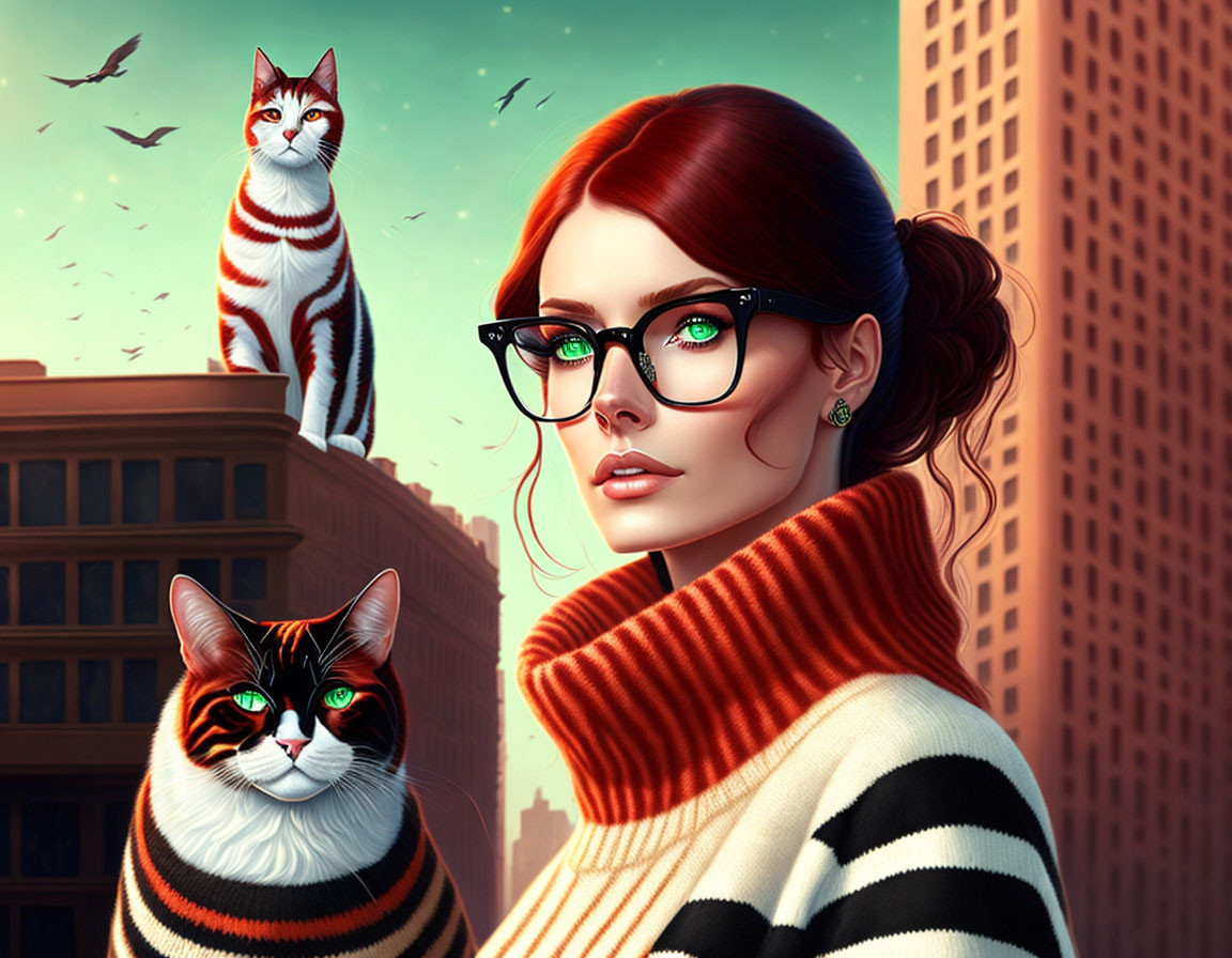 Red-haired woman with glasses and striped cats in cityscape backdrop