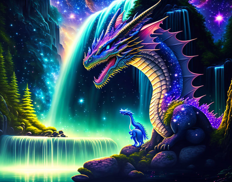 Majestic blue dragon artwork by waterfall at night