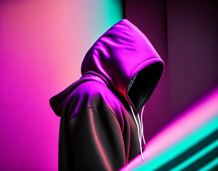 Magenta Hoodie Worn by Person Facing Away with Neon Lights