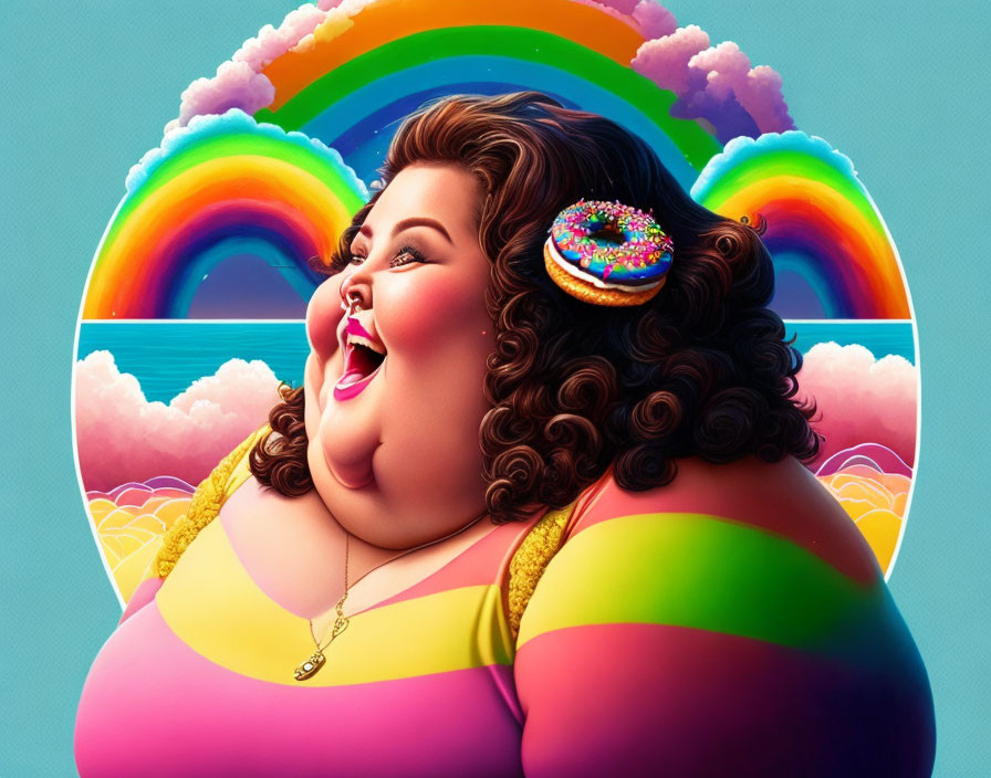 Colorful Plus-Size Woman with Donut Hair in Rainbow Dress on Blue Background