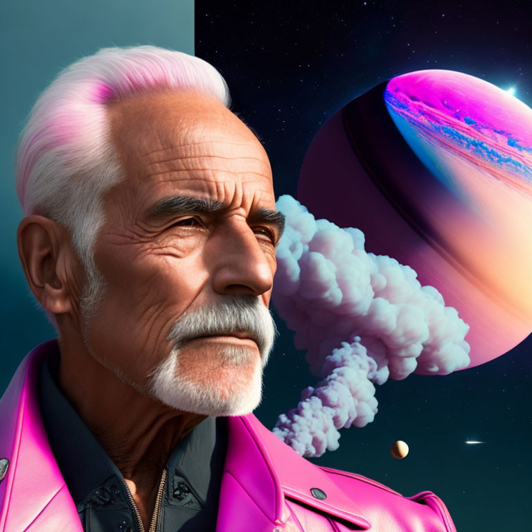 Digital artwork: Older man with white mustache in pink jacket, cosmic backdrop with planet and moons