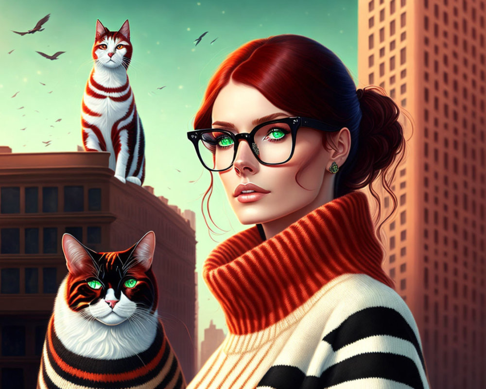 Red-haired woman with glasses and striped cats in cityscape backdrop