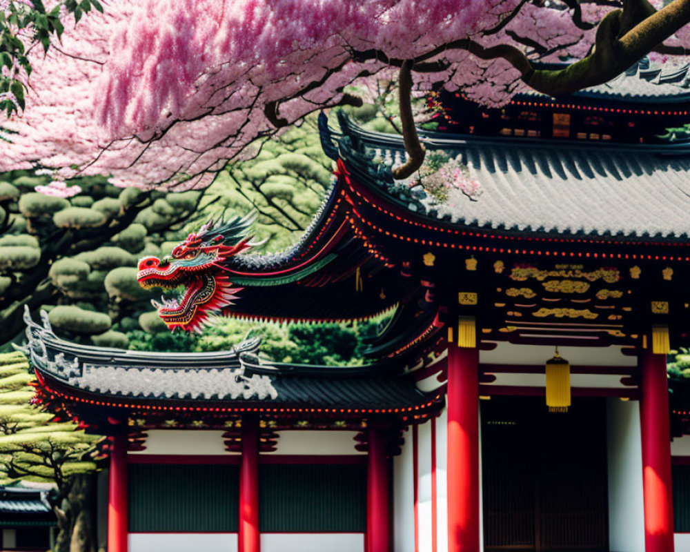 Asian Temple with Dragon Statue and Cherry Blossoms in Lush Setting