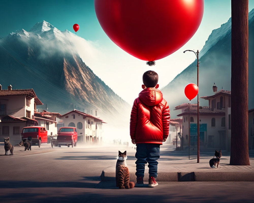 Child in red jacket with giant red balloon and cat on quaint street with mountains.
