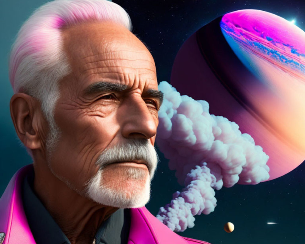 Digital artwork: Older man with white mustache in pink jacket, cosmic backdrop with planet and moons