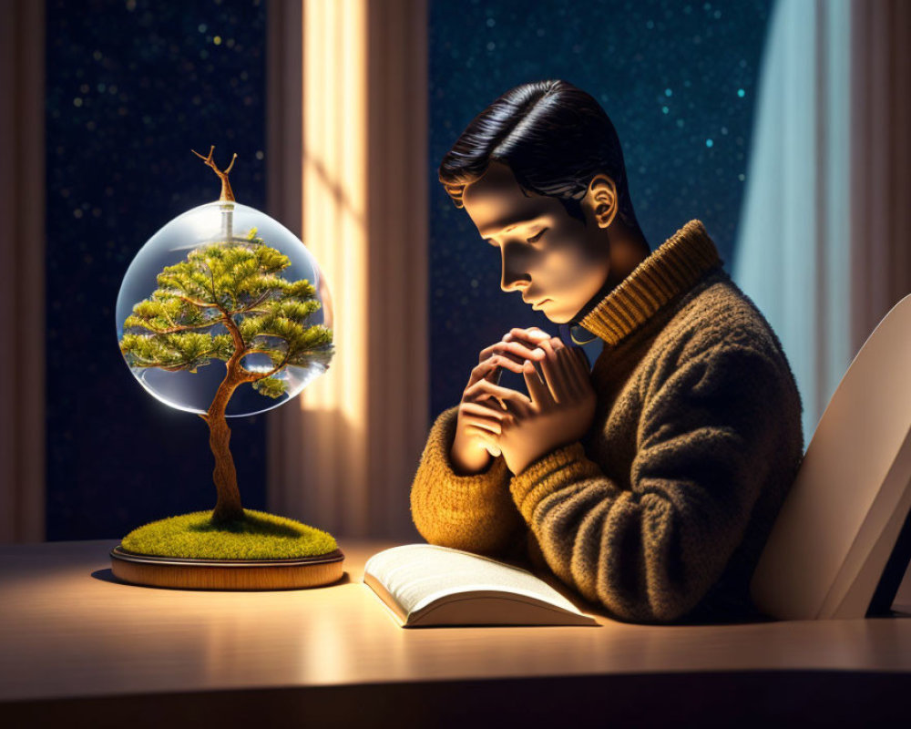 Digital Artwork: Contemplative Figure with Glowing Bonsai in Transparent Sphere by Night Window