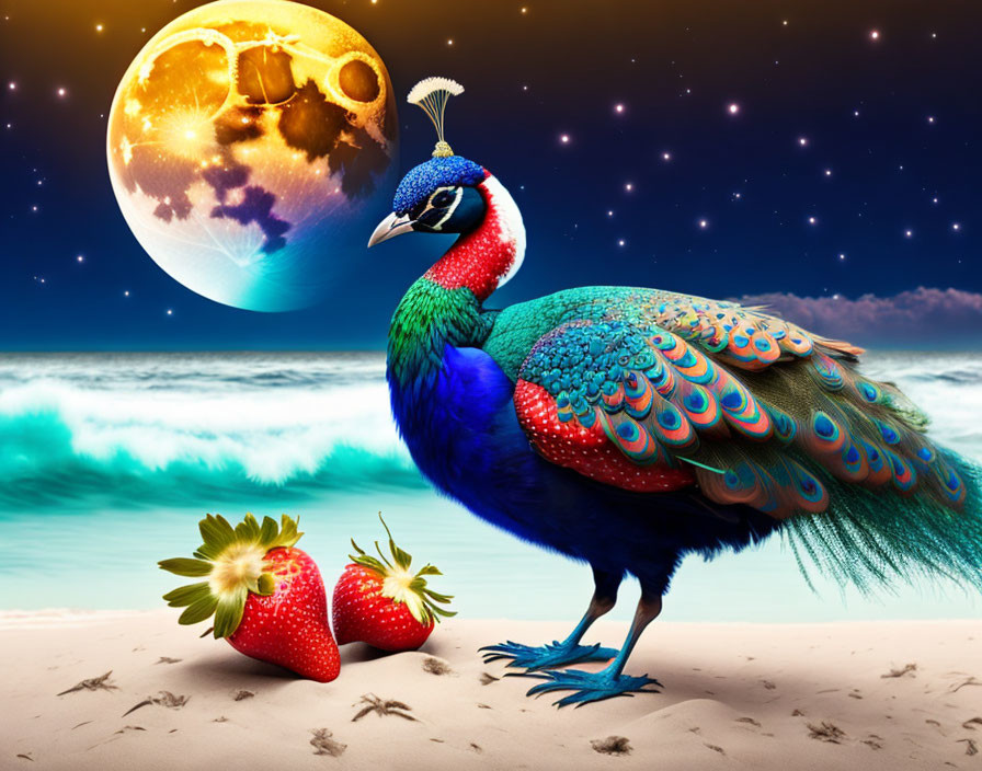 Colorful Peacock on Beach with Strawberries Under Starry Night Sky and Large Moon