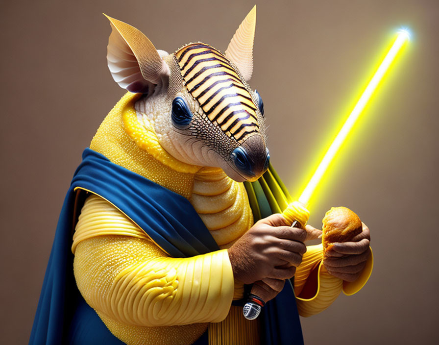 Anthropomorphic character with Egyptian aardvark head in blue and yellow robe wields glowing lights