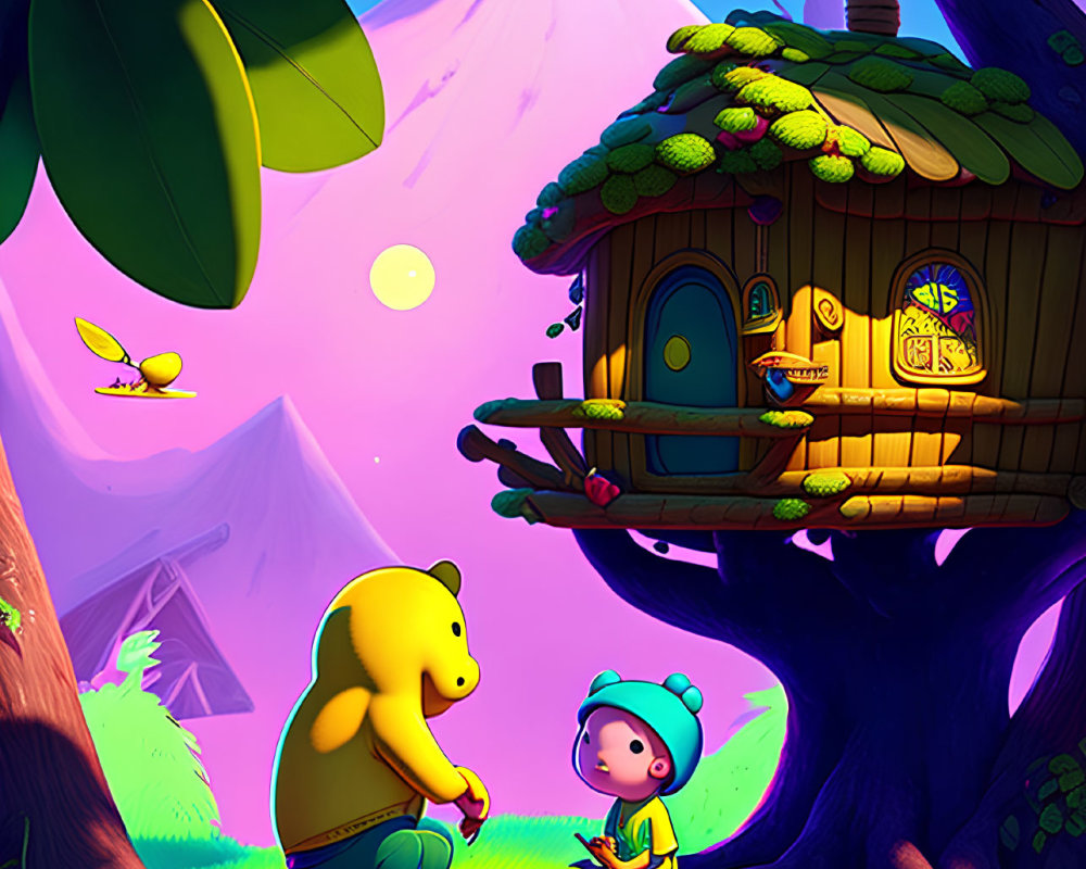 Child and bear-like creature chat near cozy treehouse in vibrant forest