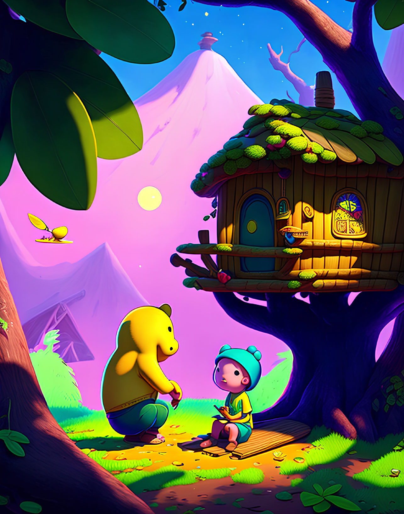 Child and bear-like creature chat near cozy treehouse in vibrant forest