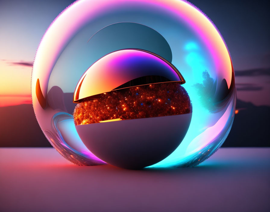 Reflective Spherical Object with Galaxy Core on Sunset Backdrop