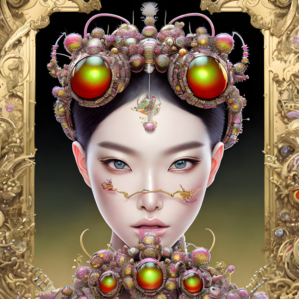 Female Figure Digital Artwork with Ornate Headdress and Golden Frame