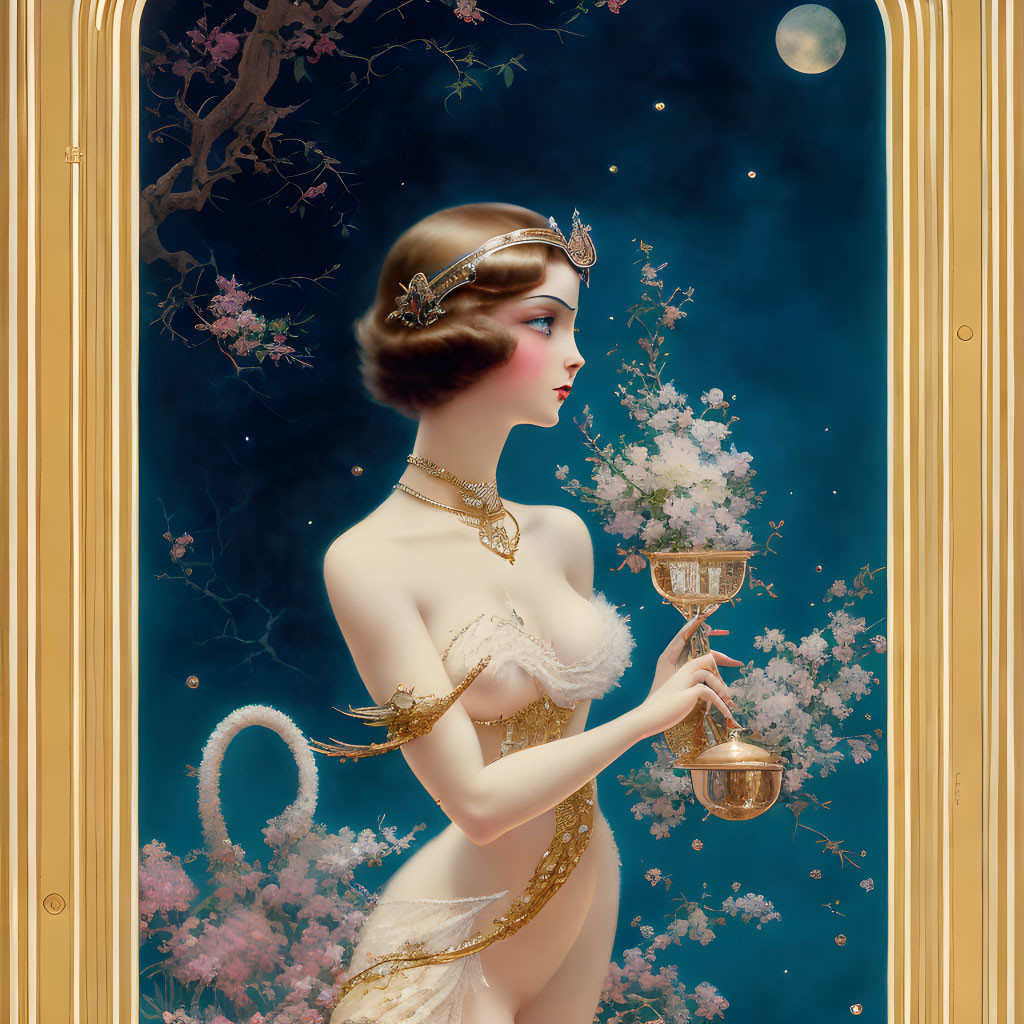 Art Deco Style Illustration of Elegant Woman with Chalice in Vintage Dress