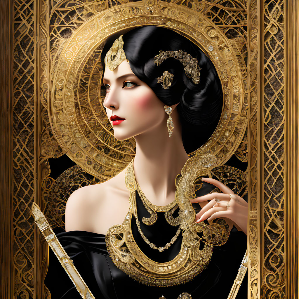 Portrait of Woman with Elaborate Golden Jewelry and Headdress on Gold Art Nouveau Background