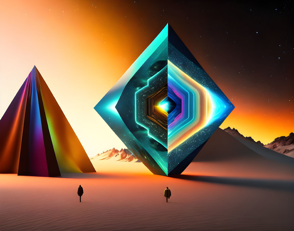 Surreal desert landscape with glowing pyramid and cube portal