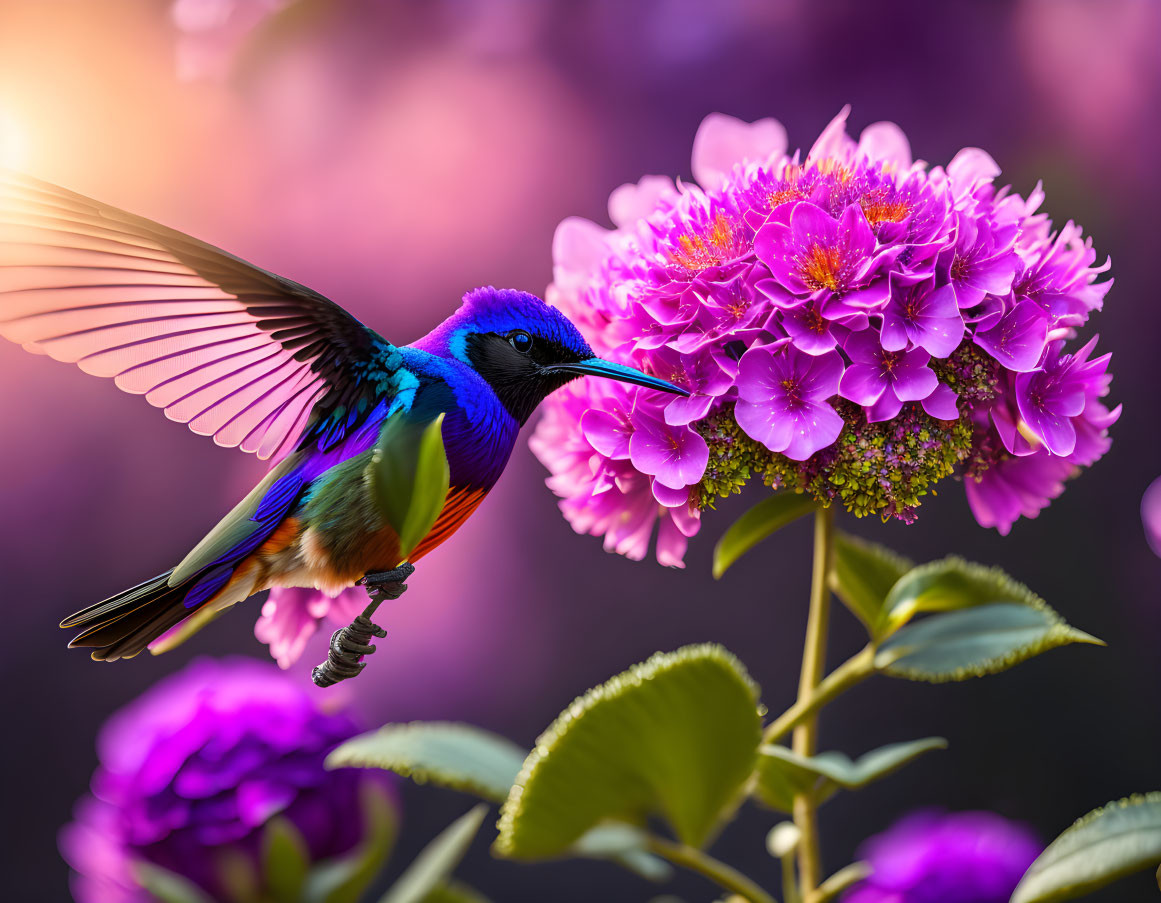 Colorful hummingbird near purple hydrangea on warm bokeh background