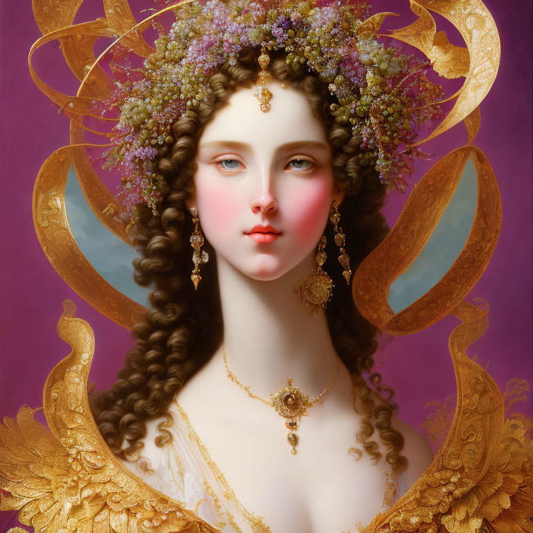 Portrait of Woman with Golden Halo and Crown of Flowers on Purple Background