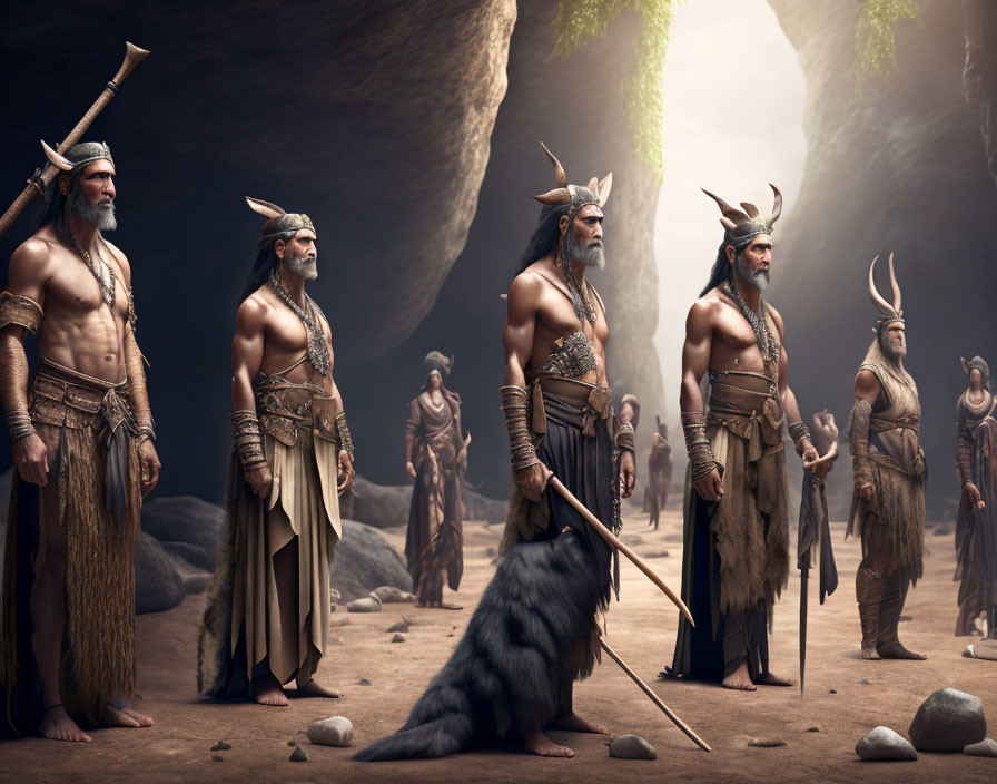 Elder men in tribal attire with animal fur and horned helmets in a cave