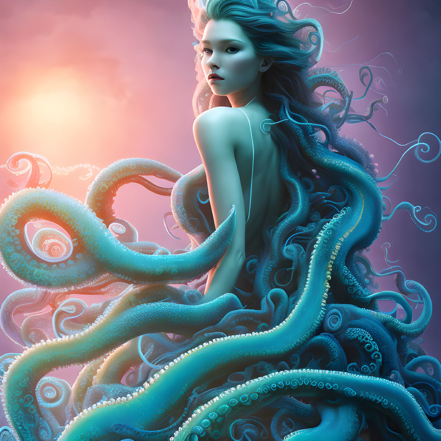 Surreal portrait of woman with octopus tentacles hair on purple sunset backdrop