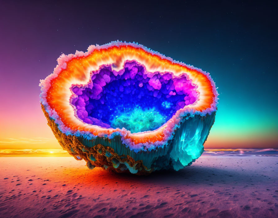 Vibrant sunset beach geode with glowing aurora sky