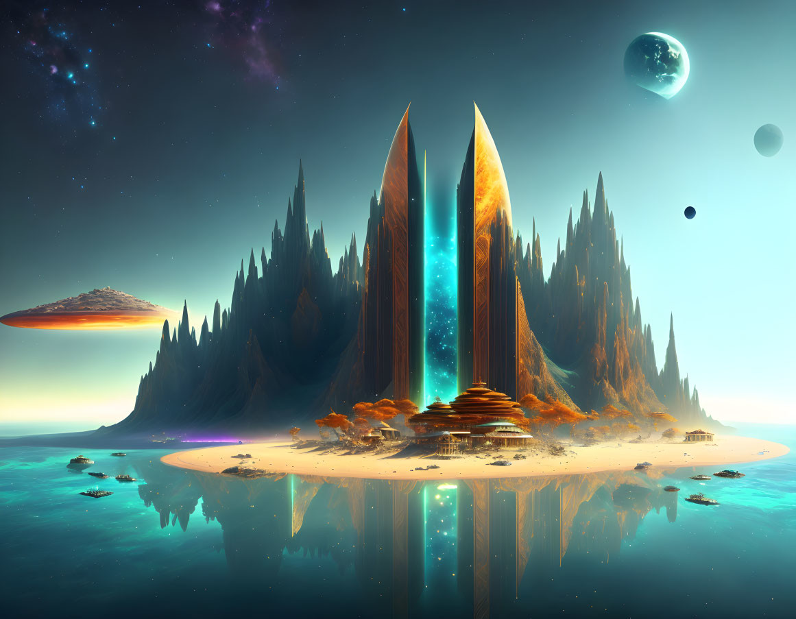 Alien landscape with towering spires and celestial bodies under blue sky