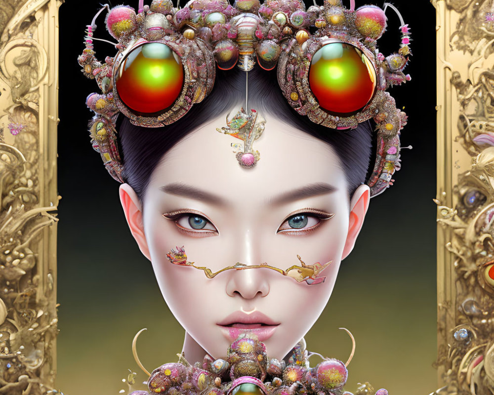 Female Figure Digital Artwork with Ornate Headdress and Golden Frame