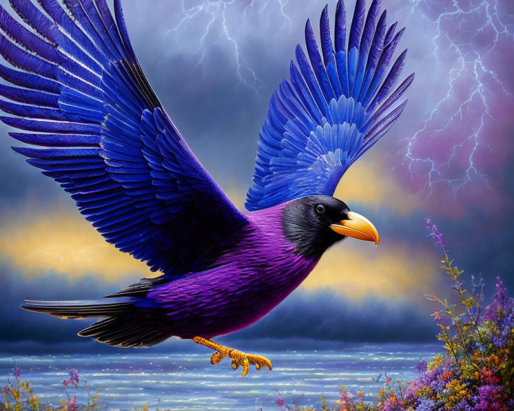 Colorful Bird Flying Amid Stormy Skies and Flowers