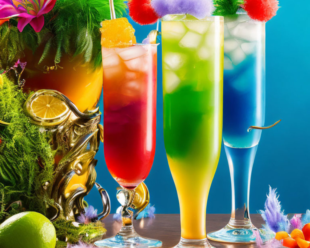 Vibrant cocktails with citrus fruits and flowers on colorful background