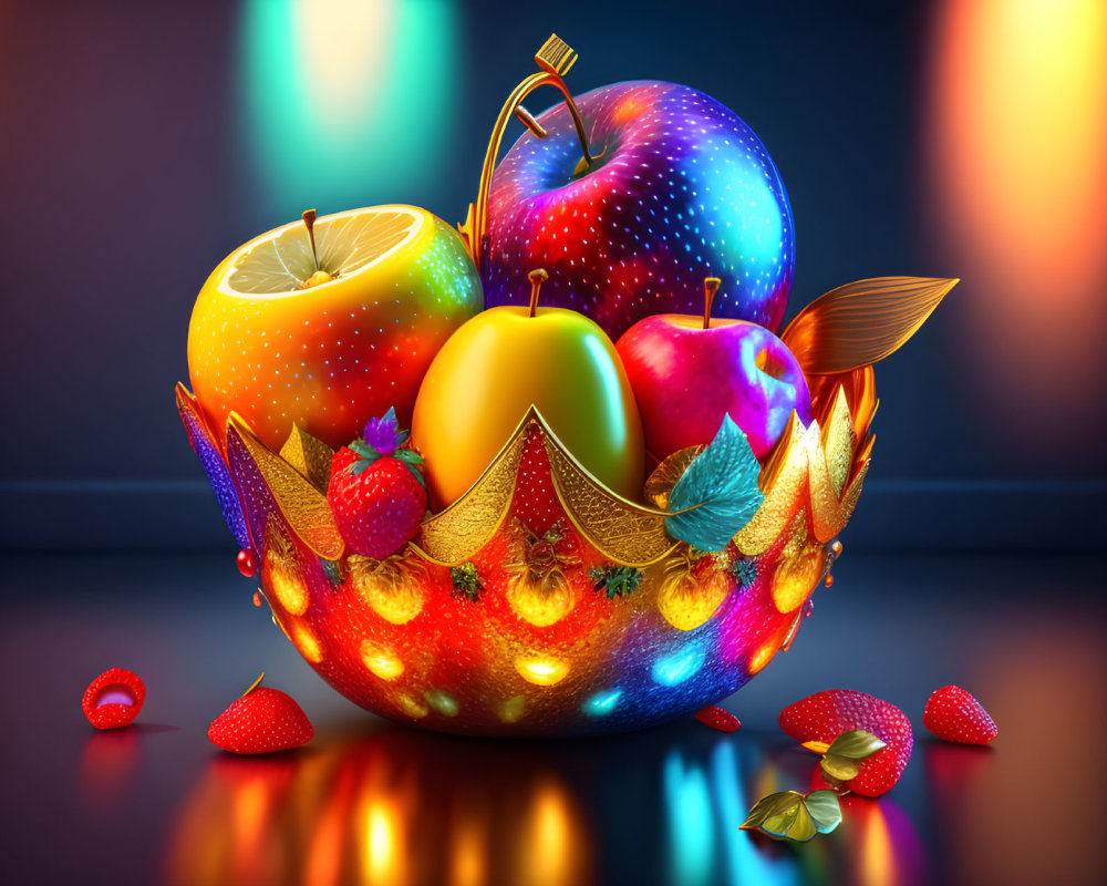 Vibrant fantasy fruit bowl with space-themed elements on reflective surface
