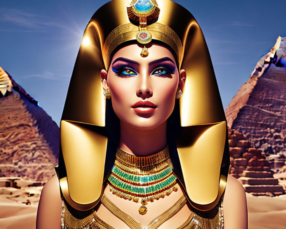 Digital illustration of woman as ancient Egyptian pharaoh with elaborate headdress, regal jewelry, and iconic