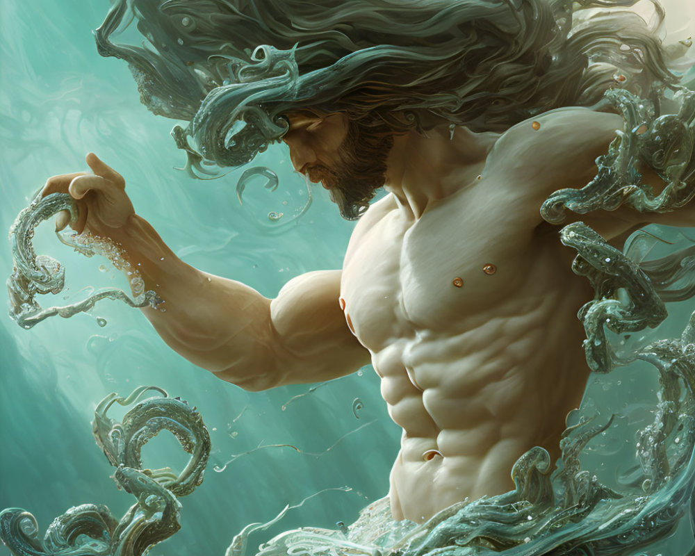 Bearded man submerged in water with swirling tentacles