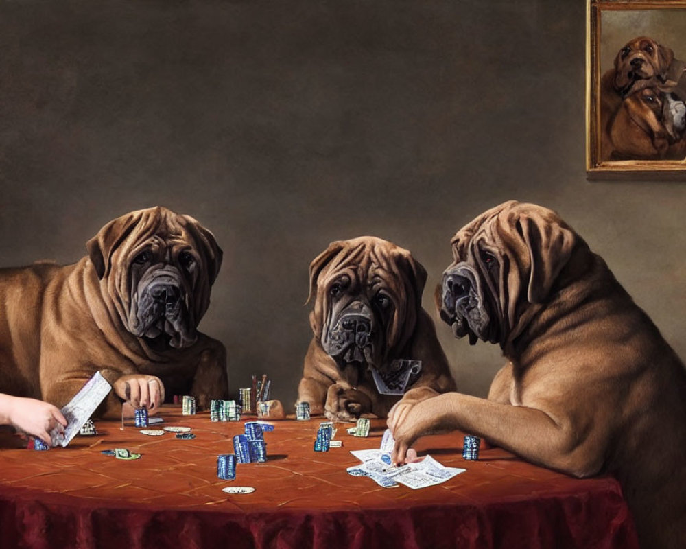 Bulldogs Playing Poker with Chips and Money, Background Bulldog Painting