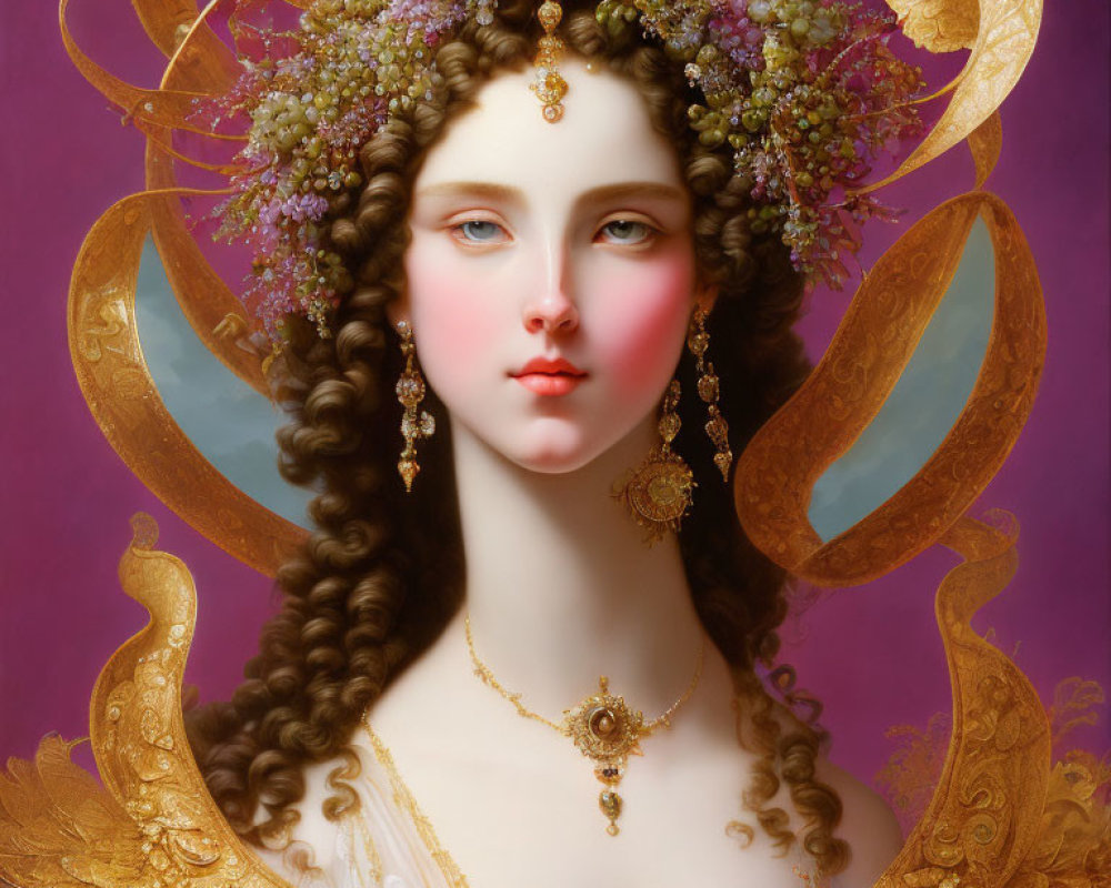 Portrait of Woman with Golden Halo and Crown of Flowers on Purple Background