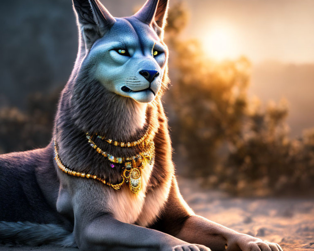 Majestic anthropomorphic canine with golden necklaces in serene sunset scene