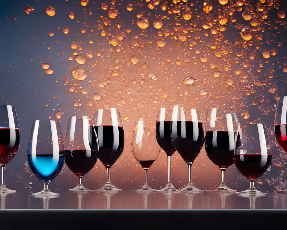 Seven wine glasses with red and blue liquid on water droplets against blue gradient.
