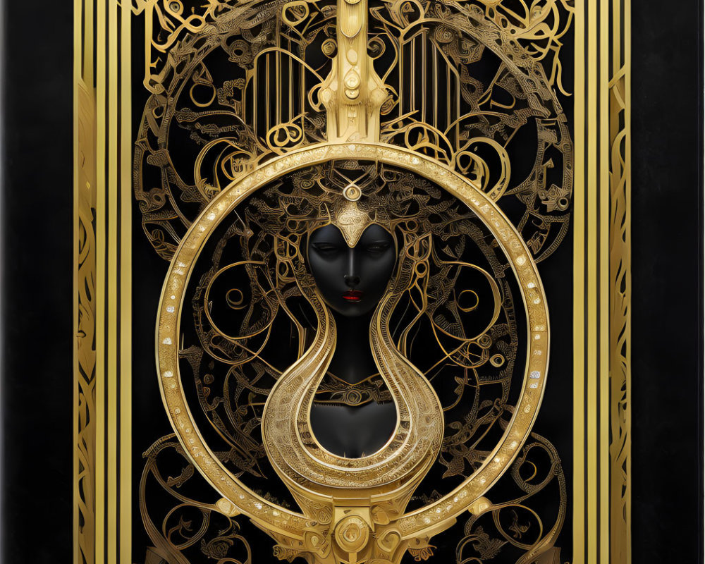 Intricate gold and black artwork with stylized female figure.