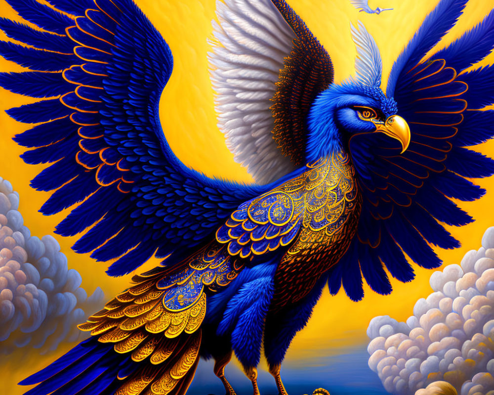 Stylized blue and gold eagle soaring in vibrant sky